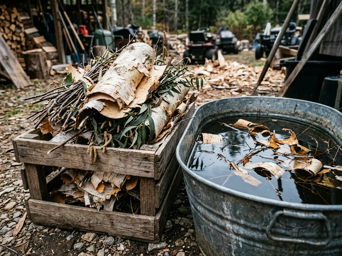 Sweet birch bark and fine twigs stacked beside a soaking tub in a working yard