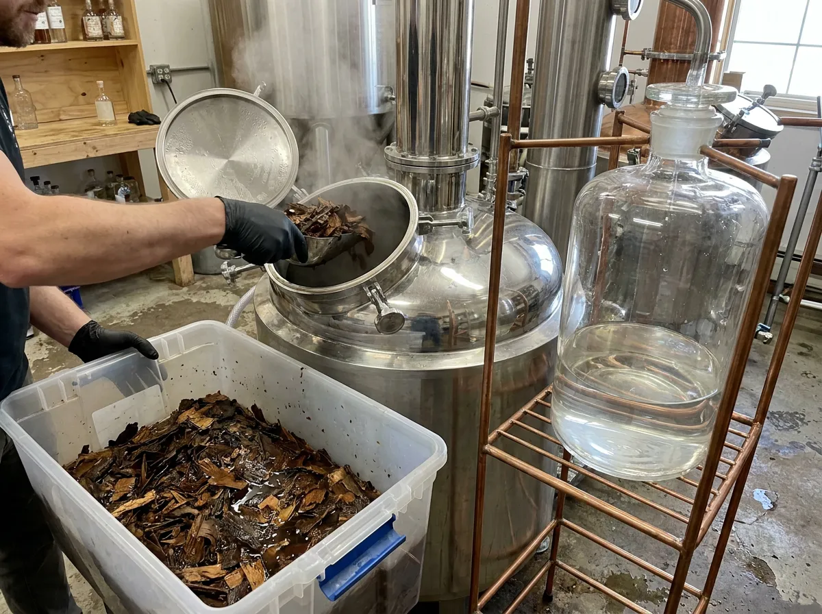 Macerated birch bark being loaded into a still in a working distillery